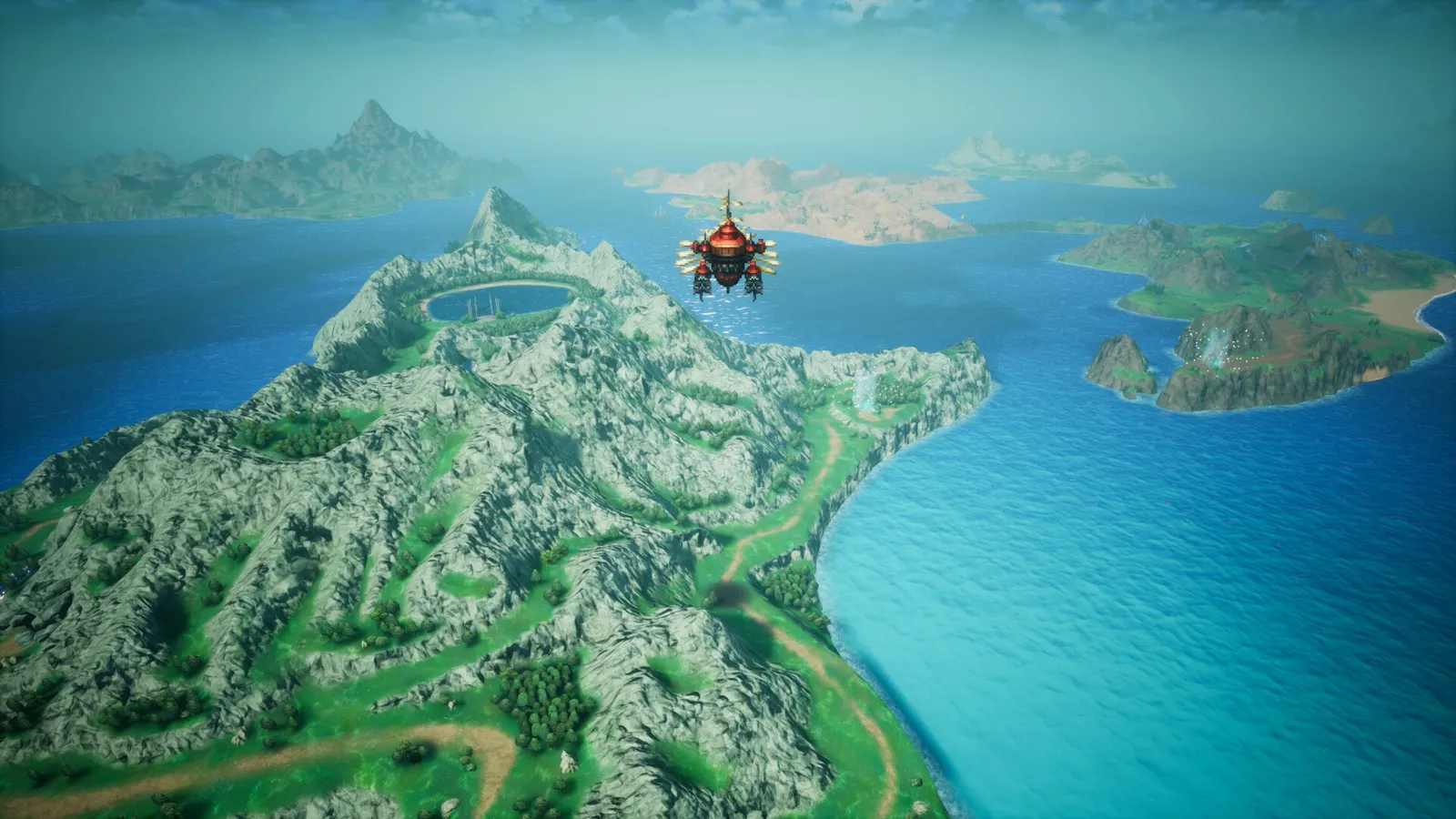 Official screenshot of an airship flying over a green island world map with mountains and a coastline