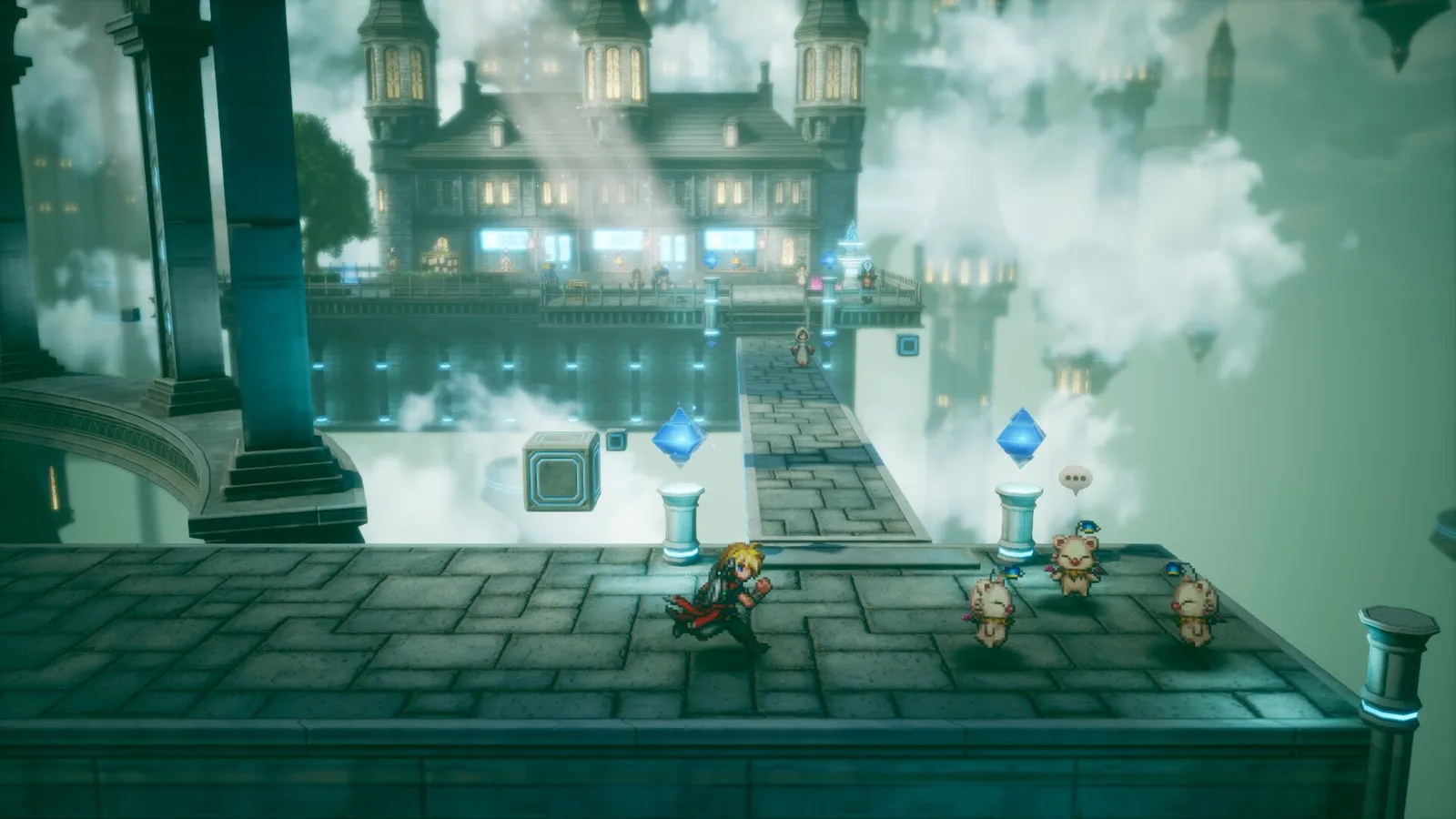 Official screenshot of the party walking through a sunlit castle courtyard with tall arches and blue crystals on pedestals