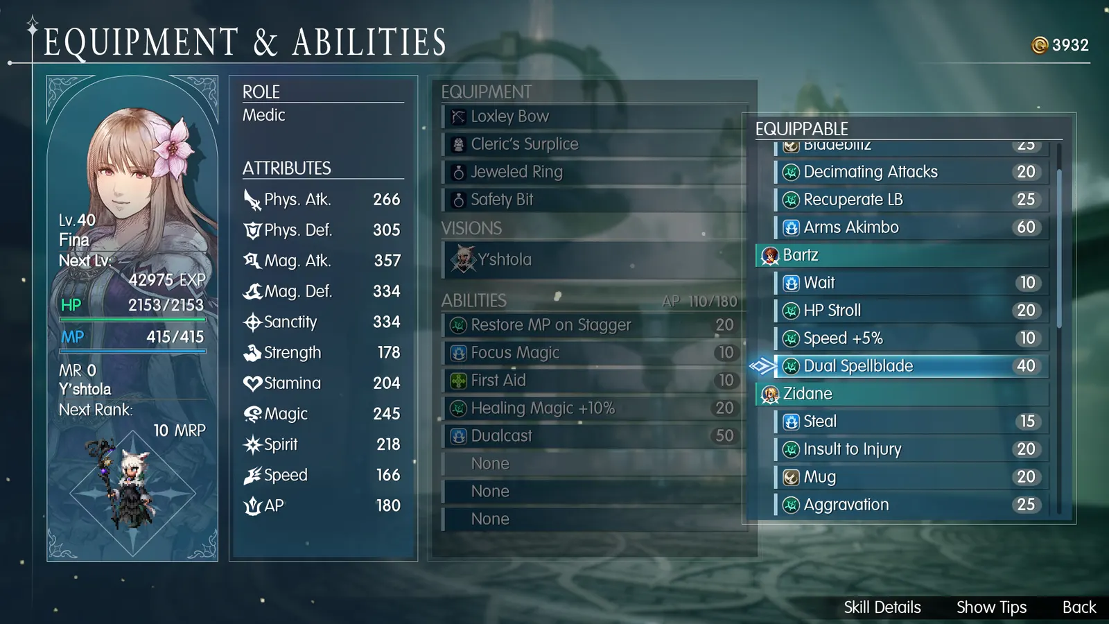 Official screenshot of the Equipment and Abilities menu showing a character with the Medic role, an equipped Vision slot and a list of equippable abilities grouped by Vision, each with a number beside it