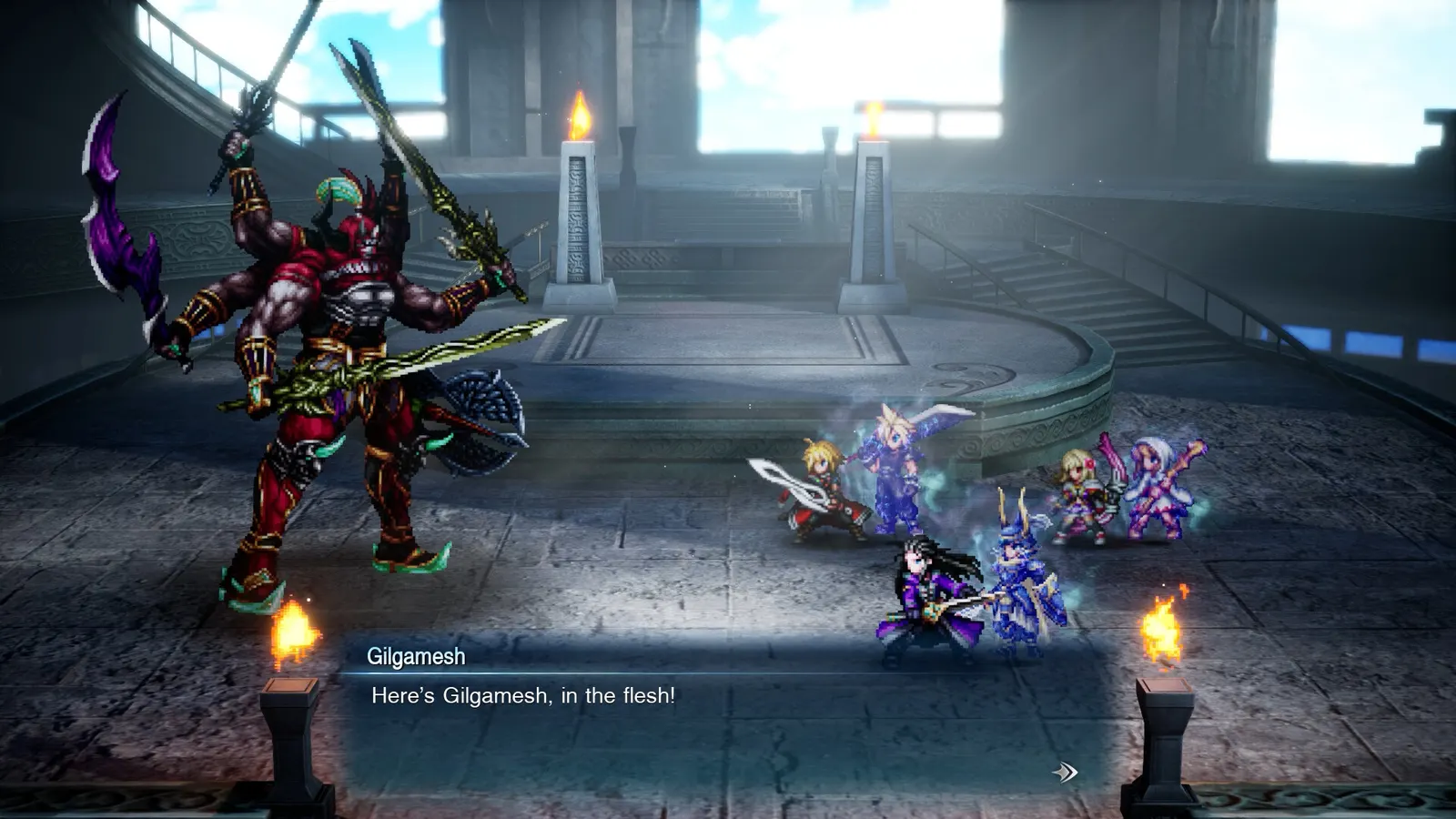 Official screenshot of the swordmaster Gilgamesh facing the party on a stone arena platform, with a dialogue box reading Here's Gilgamesh, in the flesh