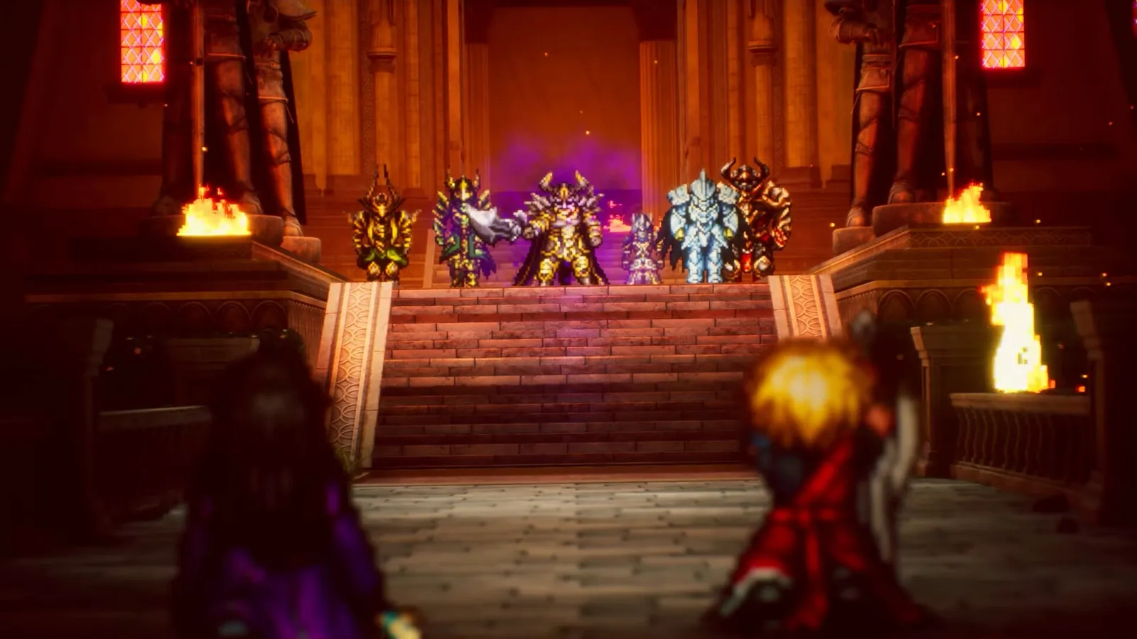 Official screenshot of a firelit stone hall where a red-coated hero faces a row of armoured figures at the top of the stairs